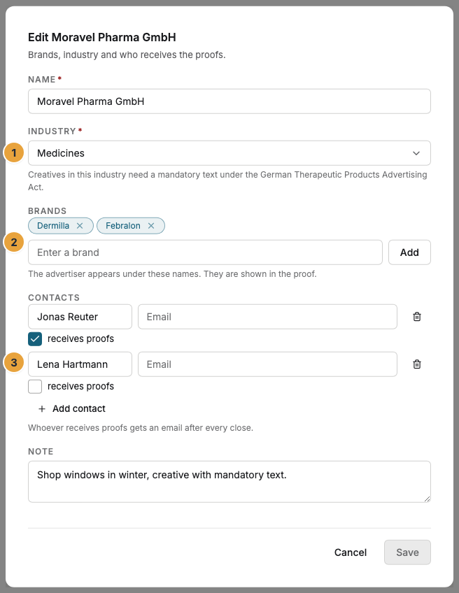 The advertiser dialog with name, industry including the note on the mandatory text (1), brands (2), and two contact persons, one of whom receives proofs (3)