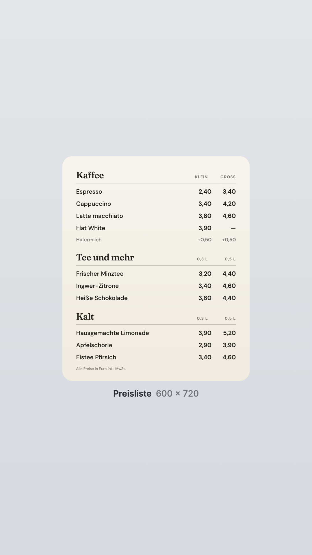 Menu board in the Price list view