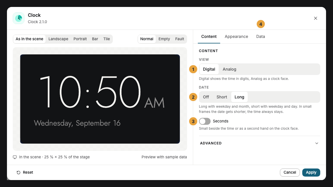 The settings window of a clock in the scene editor with the preview on the left, Content tab: the view (1), the date (2), the seconds (3), and the Data tab with the time zone (4)