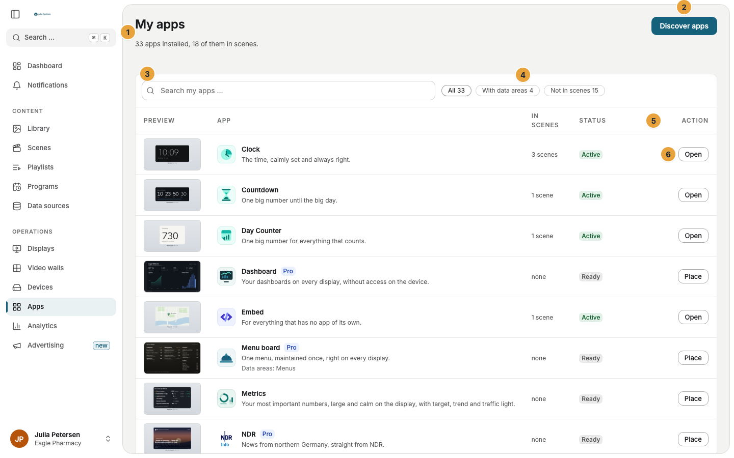 The My apps page: the sentence with the numbers below the title (1), the Discover apps button (2), the search field (3), the filter row (4), the Status column (5), and the action at the end of a row (6)