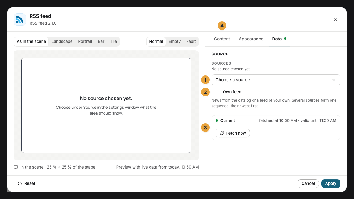 The settings window of an RSS widget in the scene editor, Data tab: the choice of a source from the catalog (1), a feed of your own (2), the data status (3), and the Content tab with the view and the story age (4)