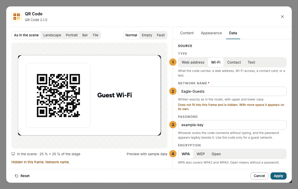 The settings window of a QR code in the scene editor, Data tab, type Wi-Fi: the Type switch with its four values (1), the Network name field (2), the password (3), and the encryption (4)
