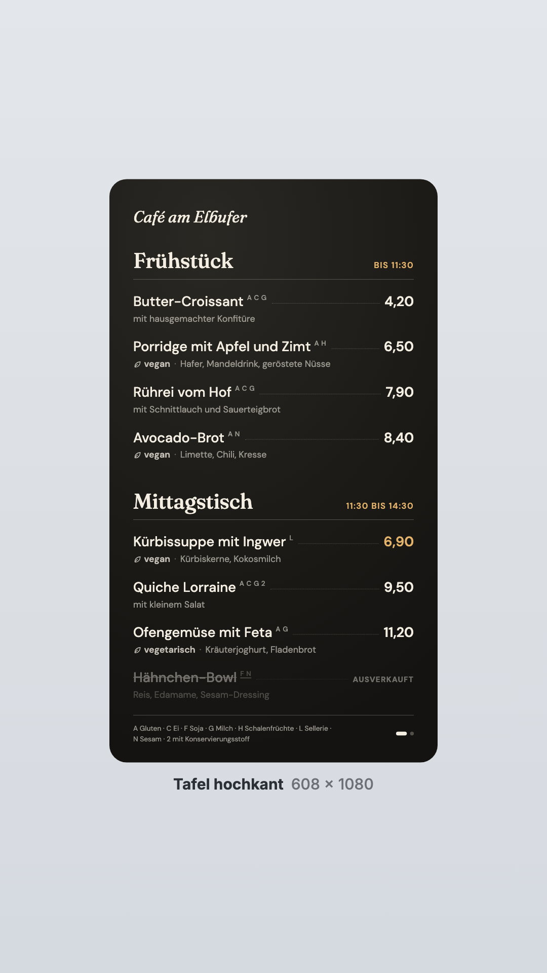 Menu board in the Portrait board view