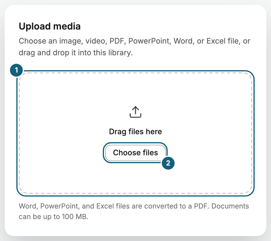 The Upload media dialog with the drop area “Drag files here” (1) and the Choose files button (2)