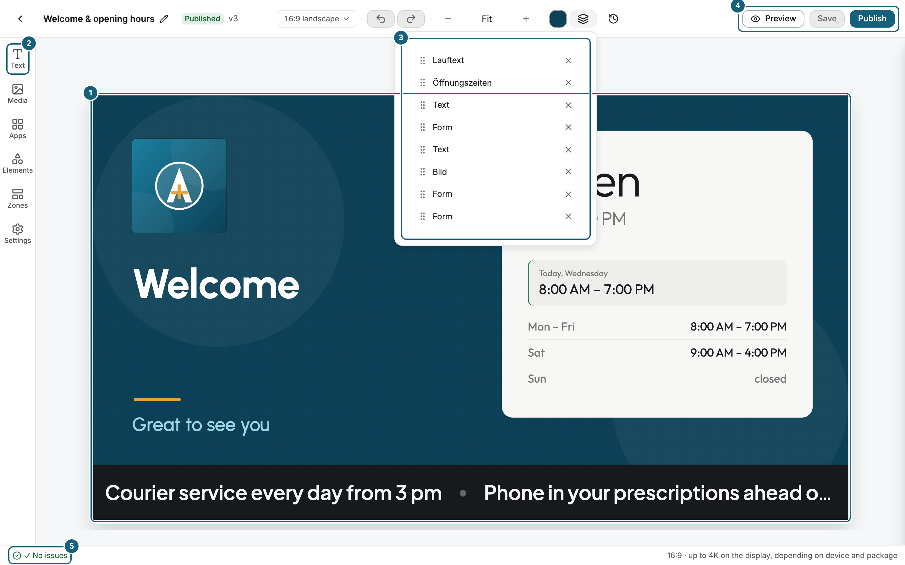 The scene editor with an open scene: the stage as a live preview (1), the Insert and settings bar with Text, Media, Apps, Elements, Zones, and Settings (2), the open Layers panel with all widgets of the scene (3), the header with Preview, Save, and Publish (4), and the status line with the issue count and stage format (5)