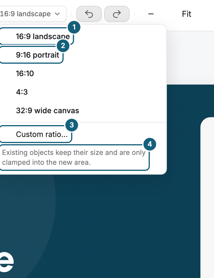 The open Stage format menu in the editor header with the ratio 16:9 landscape (1), the ratio 9:16 portrait (2), the Custom ratio entry (3), and the note that existing objects keep their size and are only clamped into the new area (4)