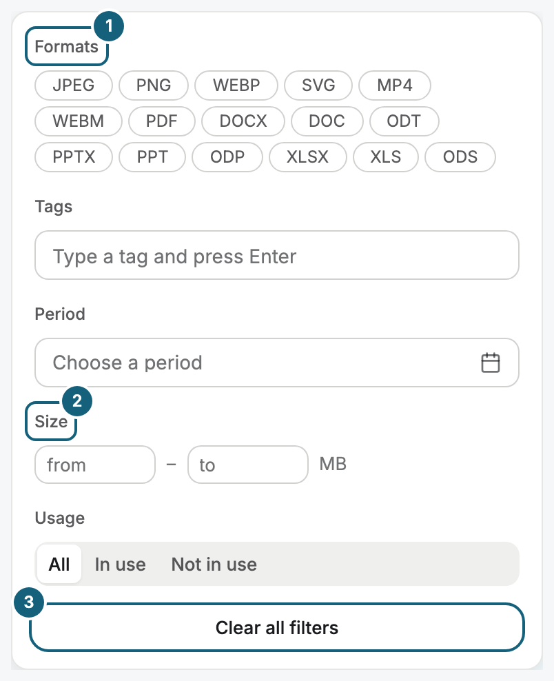 The open filter panel of the library: the Formats section with the individual file formats (1), the size range in MB (2), and Clear all filters (3)