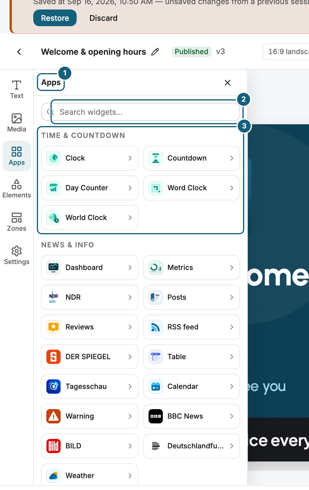 The open Apps area next to the stage: the Apps heading of the flyout (1), the Search widgets field (2), and the Time & countdown category with its widget tiles (3)