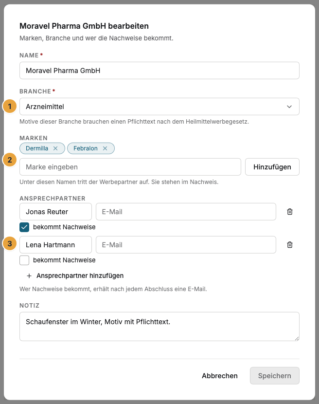 Der Dialog eines Werbepartners mit Name, Branche samt Hinweis zum Pflichttext (1), Marken (2) und zwei Ansprechpartnern, von denen einer Nachweise bekommt (3)