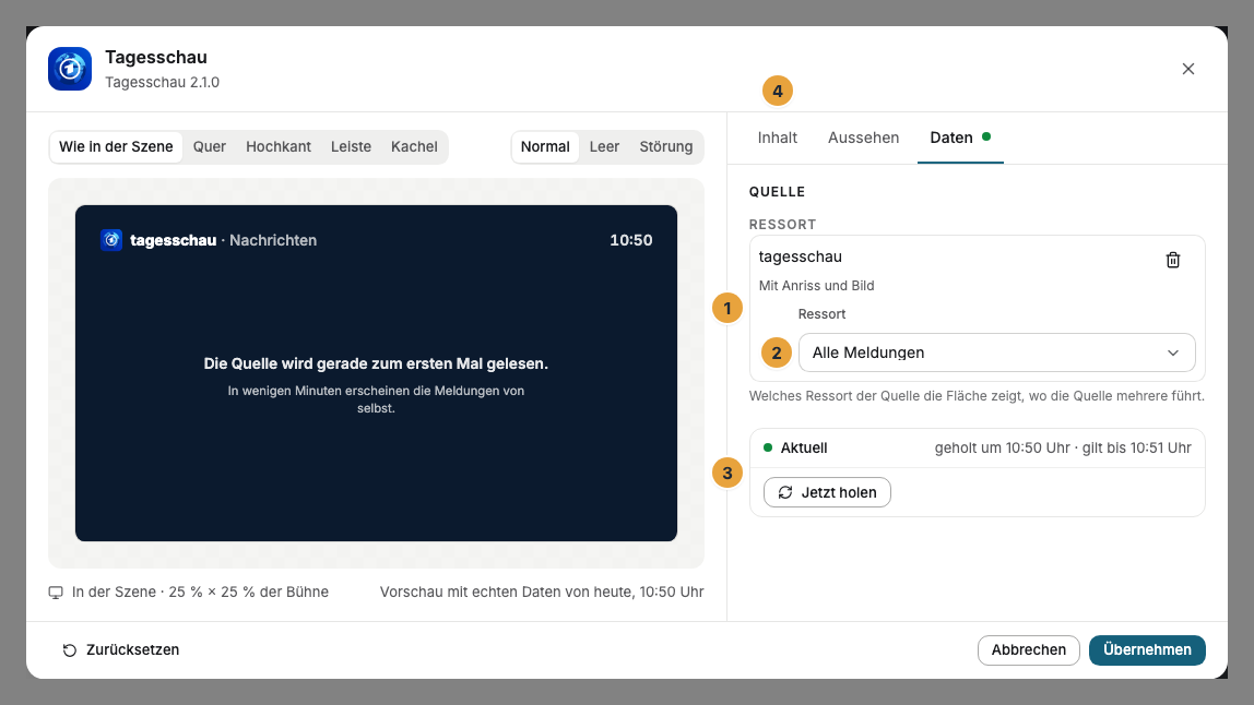Das Einstellungs-Fenster eines Nachrichten-Widgets im Szenen-Editor, Reiter Daten: die Quelle (1) mit dem Ressort (2), der Status der Daten (3) und der Reiter Inhalt mit Darstellung und Zeitangabe (4)