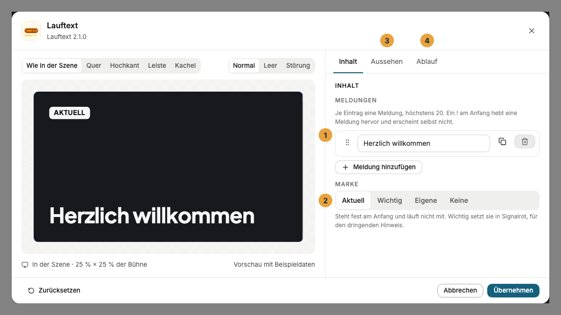 Das Einstellungs-Fenster eines Lauftexts im Szenen-Editor, Reiter Inhalt: die Liste der Meldungen (1), die Marke (2), der Reiter Aussehen mit dem Hintergrund (3) und der Reiter Ablauf mit Tempo, Richtung und Trennzeichen (4)