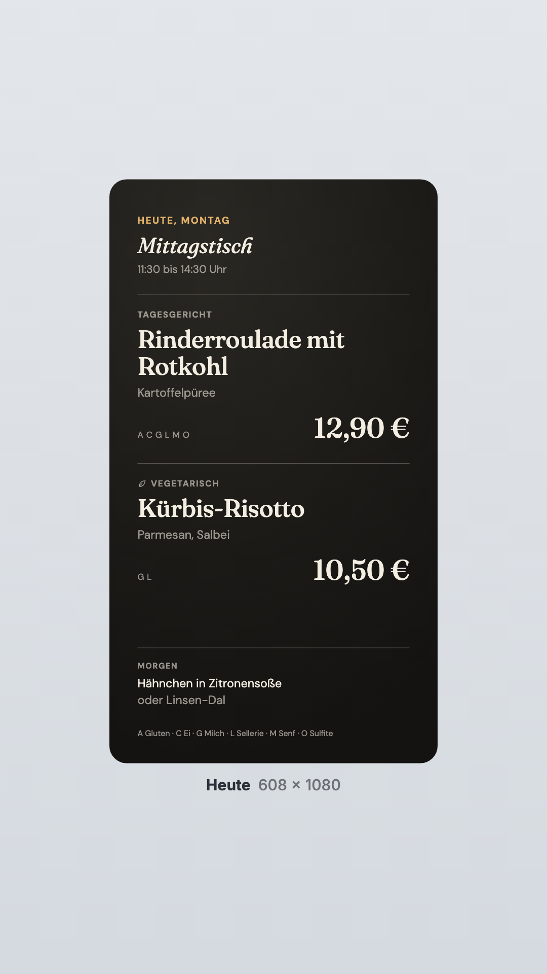 Menükarte in der Ansicht Heute