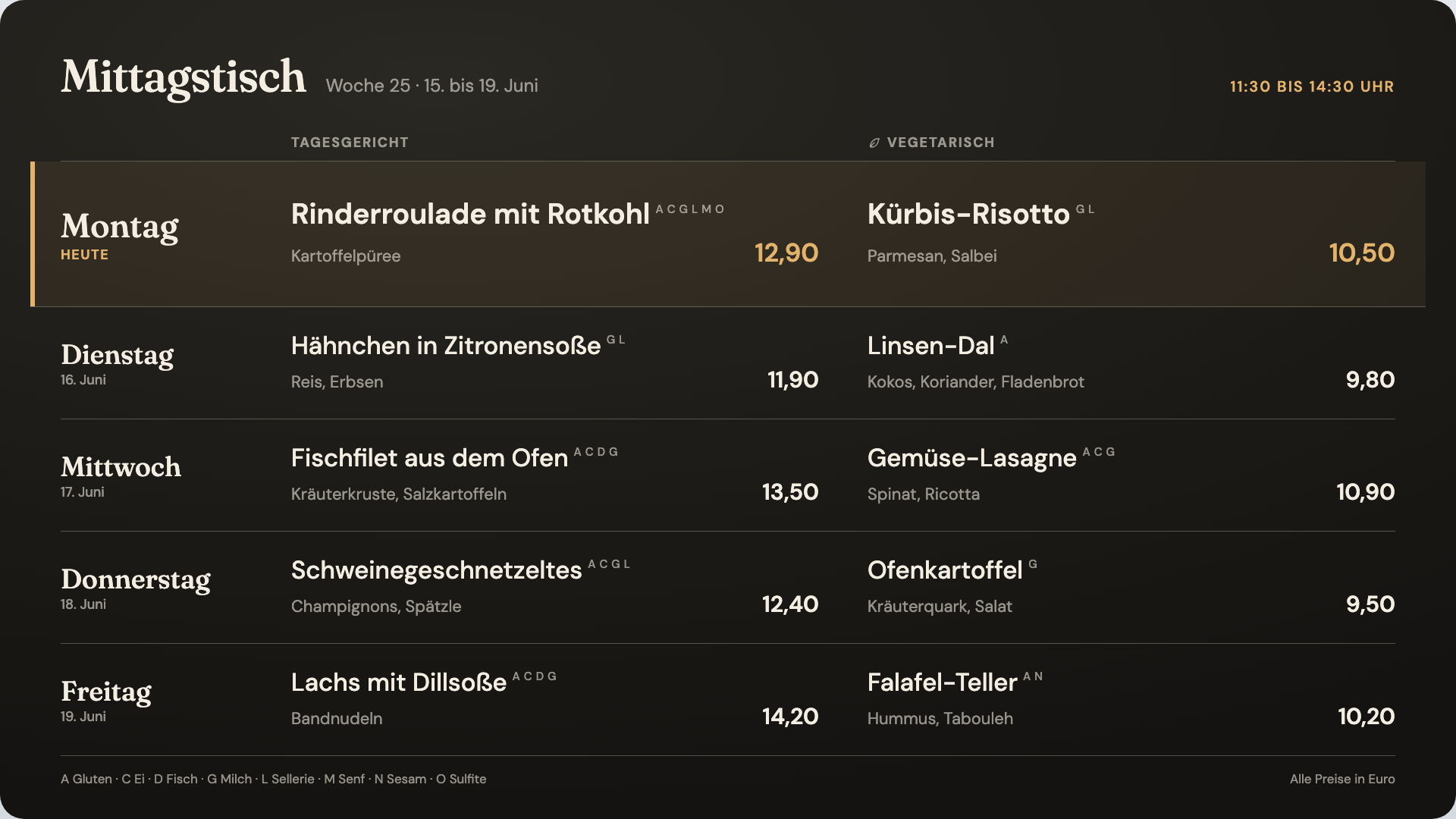 Menükarte in der Ansicht Wochenkarte