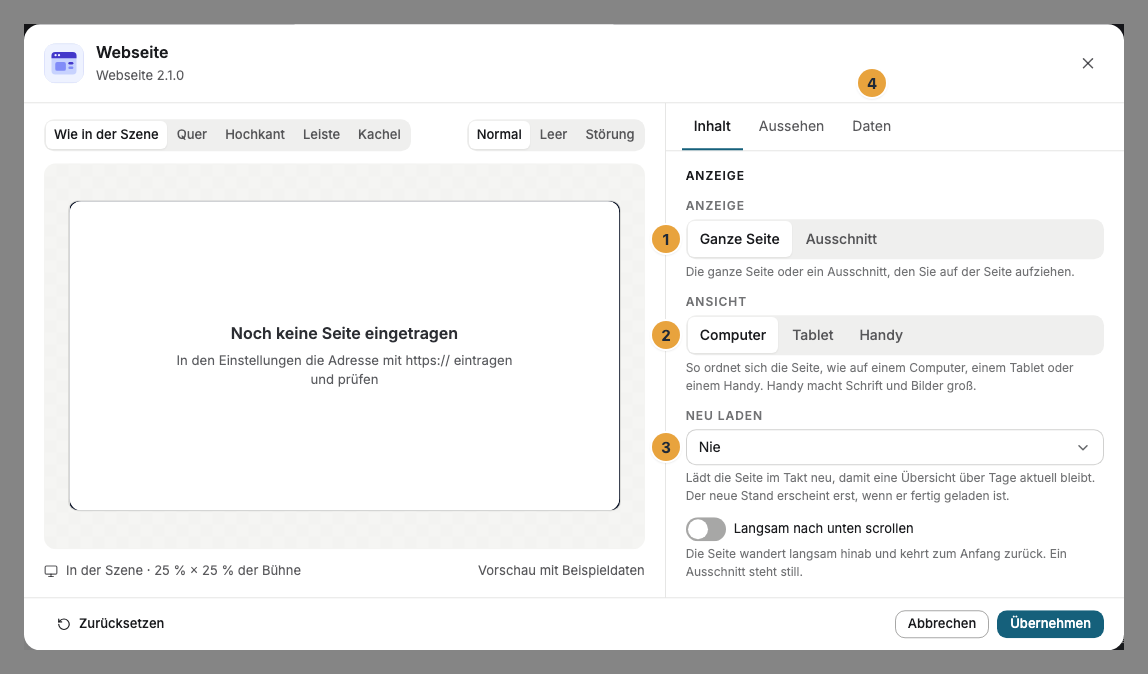 Das Einstellungs-Fenster einer Webseite im Szenen-Editor, Reiter Inhalt: ganze Seite oder Ausschnitt (1), die Ansicht als Computer, Tablet oder Handy (2), der Takt zum Neuladen (3) und der Reiter Daten mit der Adresse (4)