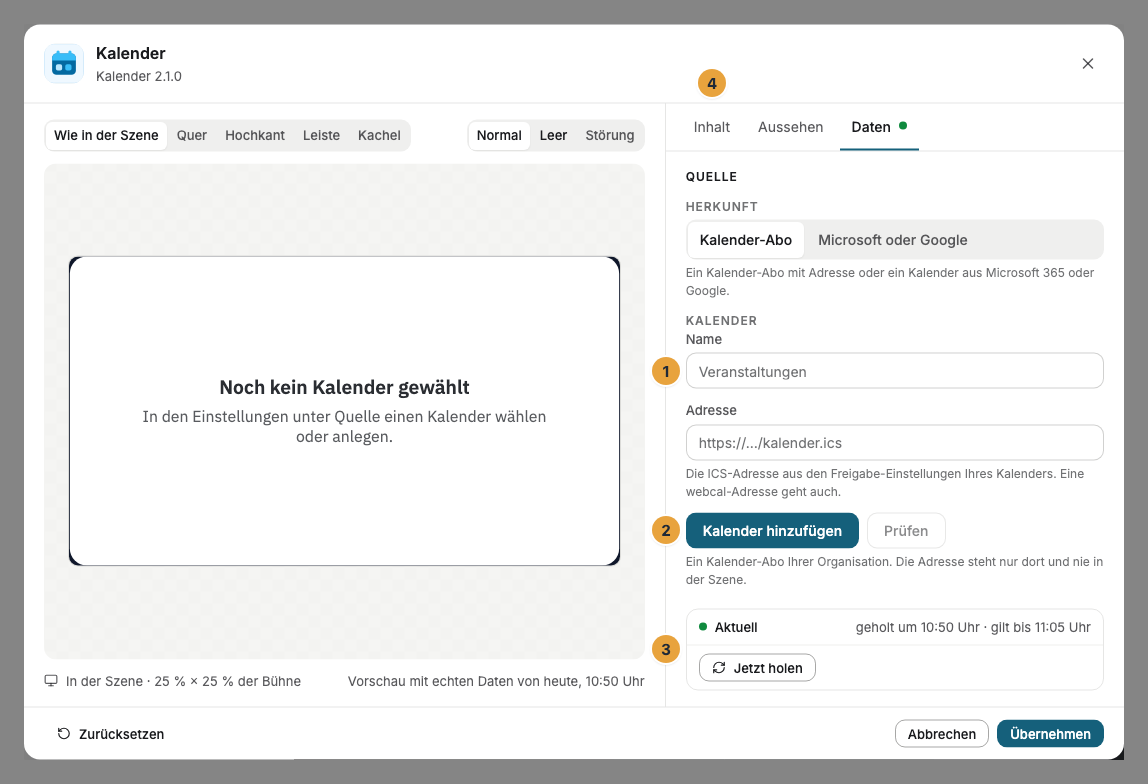 Das Einstellungs-Fenster eines Kalender-Widgets im Szenen-Editor, Reiter Daten: Name und Adresse eines Kalenders (1), „Kalender hinzufügen“ (2), der Status der Daten (3) und der Reiter Inhalt mit Darstellung und Titeln (4)
