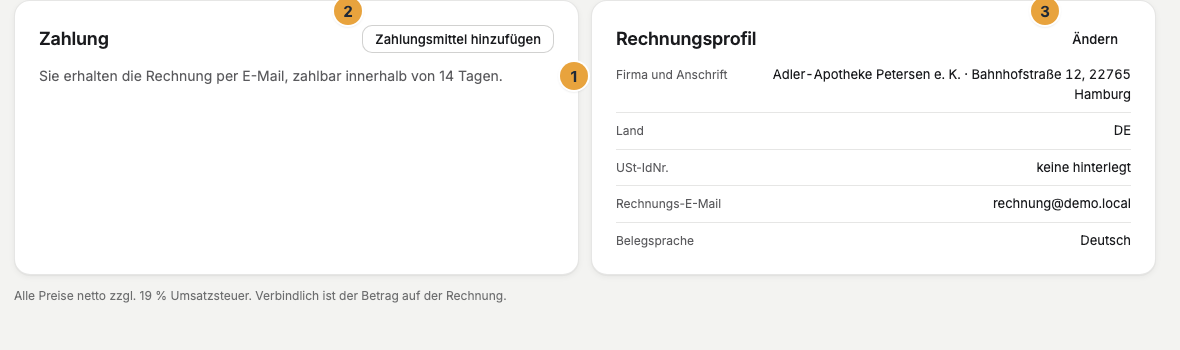 Der Reiter Zahlung mit dem Satz, wie gezahlt wird (1), der Schaltfläche Zahlungsmittel hinzufügen (2) und rechts dem Rechnungsprofil mit Firma und Anschrift, Land, USt-IdNr., Rechnungs-E-Mail und Belegsprache samt der Schaltfläche Ändern (3)