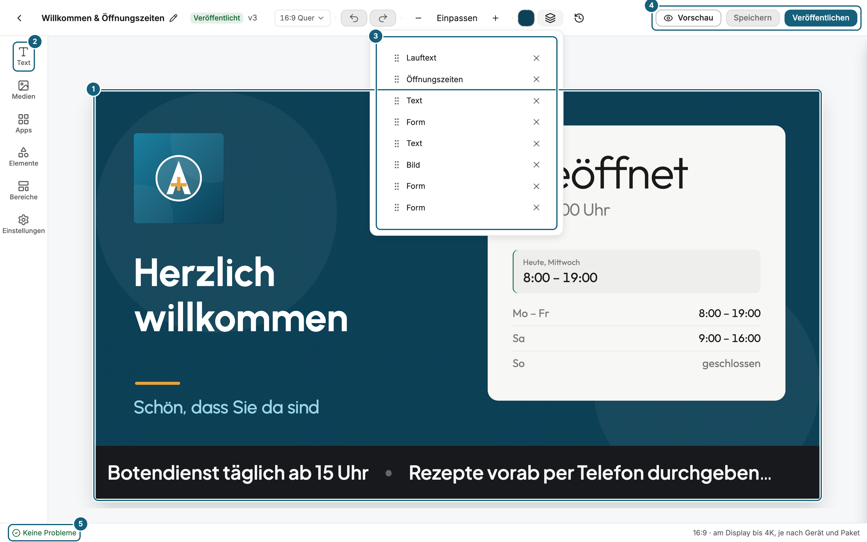 Der Szenen-Editor mit einer geöffneten Szene: die Bühne als Live-Vorschau (1), die Leiste Einfügen und Einstellungen mit Text, Medien, Apps, Elemente, Bereiche und Einstellungen (2), das geöffnete Panel Ebenen mit allen Widgets der Szene (3), die Kopfleiste mit Vorschau, Speichern und Veröffentlichen (4) und die Statuszeile mit Problemzahl und Bühnen-Format (5)