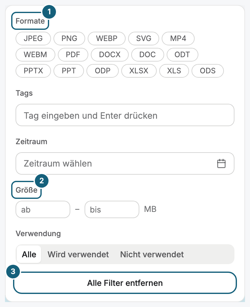 Das geöffnete Filter-Feld der Bibliothek: der Abschnitt Formate mit den einzelnen Dateiformaten (1), die Größenangabe in MB (2) und Alle Filter entfernen (3)