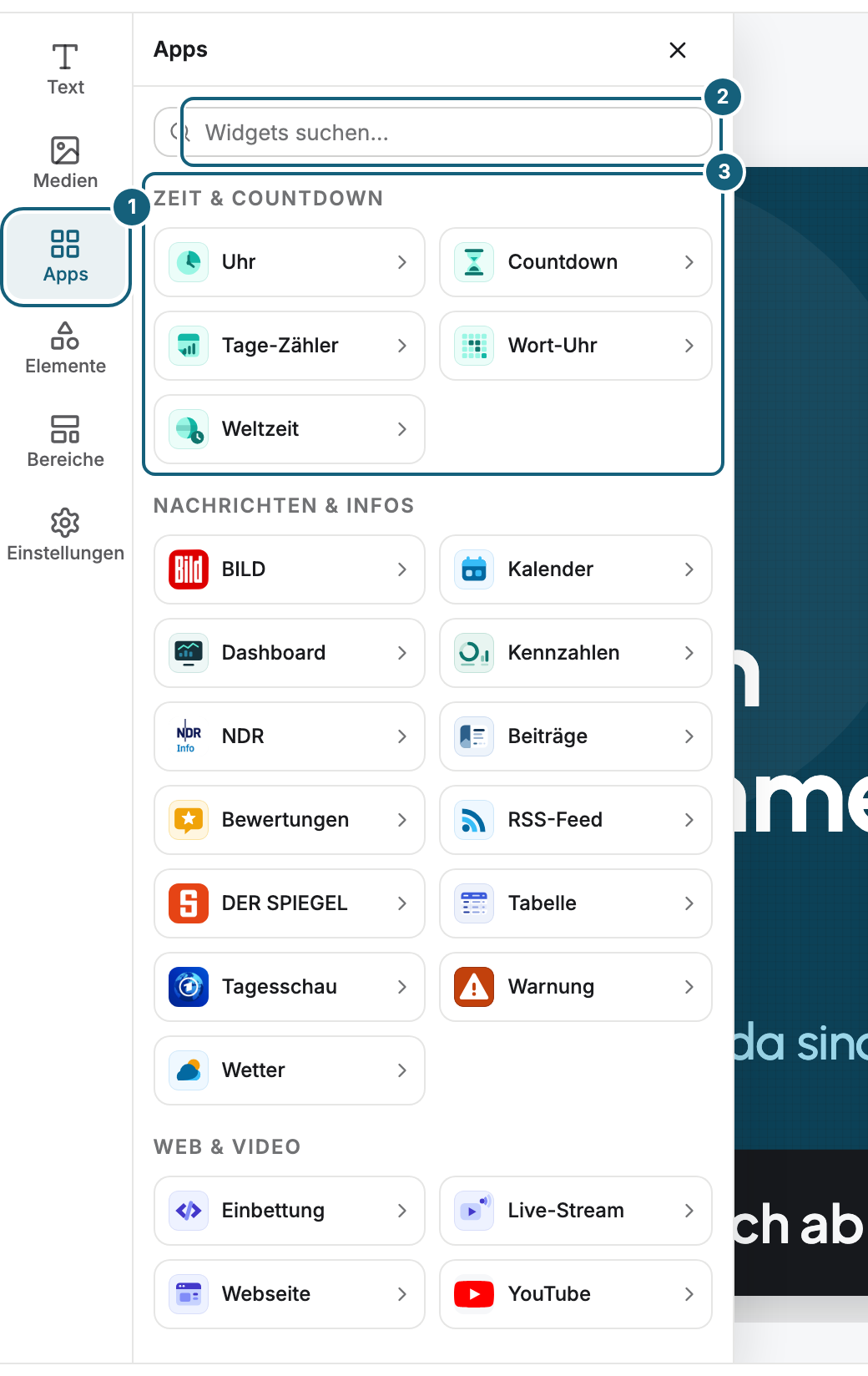 Der geöffnete Bereich Apps neben der Bühne: der Eintrag Apps in der Leiste Einfügen und Einstellungen (1), das Suchfeld Widgets suchen (2) und die Kategorie Zeit & Countdown mit ihren Widget-Kacheln (3)