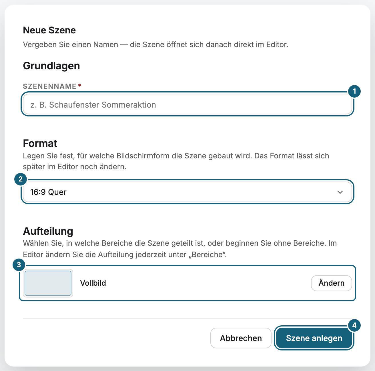 Der Dialog Neue Szene mit seinen drei Abschnitten: Grundlagen mit dem Feld Szenenname (1), Format mit der Auswahl des Seitenverhältnisses (2), Aufteilung als eingeklappte Zeile mit Vorschau, dem Namen Vollbild und der Schaltfläche Ändern (3) und der Schaltfläche Szene anlegen (4)