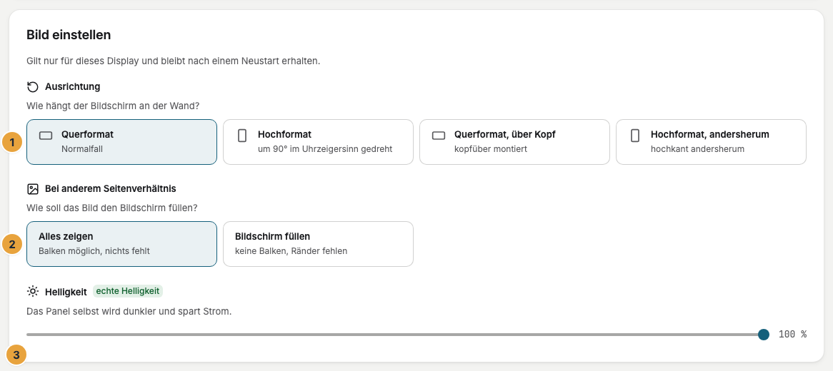 Die Karte Bild einstellen im Reiter Bildschirm: die Auswahl Ausrichtung mit den vier Lagen (1), die Auswahl Bei anderem Seitenverhältnis mit Alles zeigen und Bildschirm füllen (2) und der Regler Helligkeit mit dem Etikett Software-Dimmung (3)