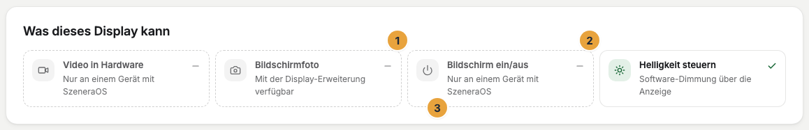 Die Karte „Was dieses Display kann“ im Reiter Bildschirm mit der Kachel Bildschirm ein/aus (1) und der Kachel Helligkeit steuern (2), und unter der fehlenden Fähigkeit steht ihr Grund (3)