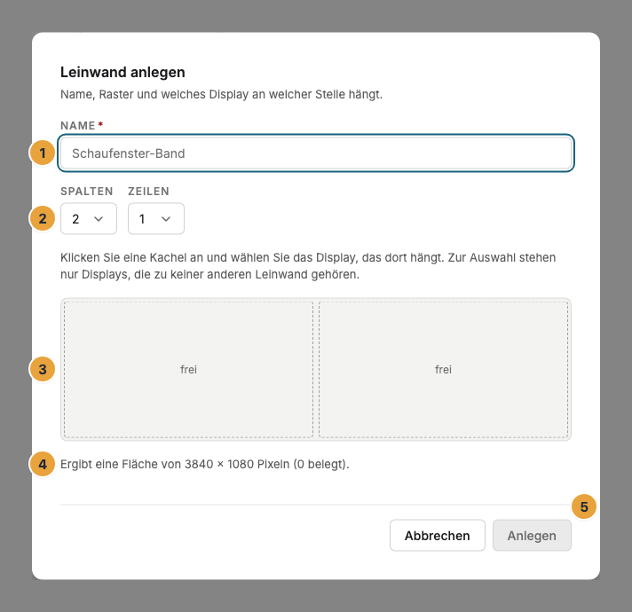 Der Dialog Leinwand anlegen mit dem Raster 2 × 1: das Feld Name mit dem Platzhalter Schaufenster-Band (1), die Felder Spalten und Zeilen (2), das Kachelraster mit den noch freien Kacheln (3), die Zeile Ergibt eine Fläche von … Pixeln (4) und die Schaltfläche Anlegen (5)