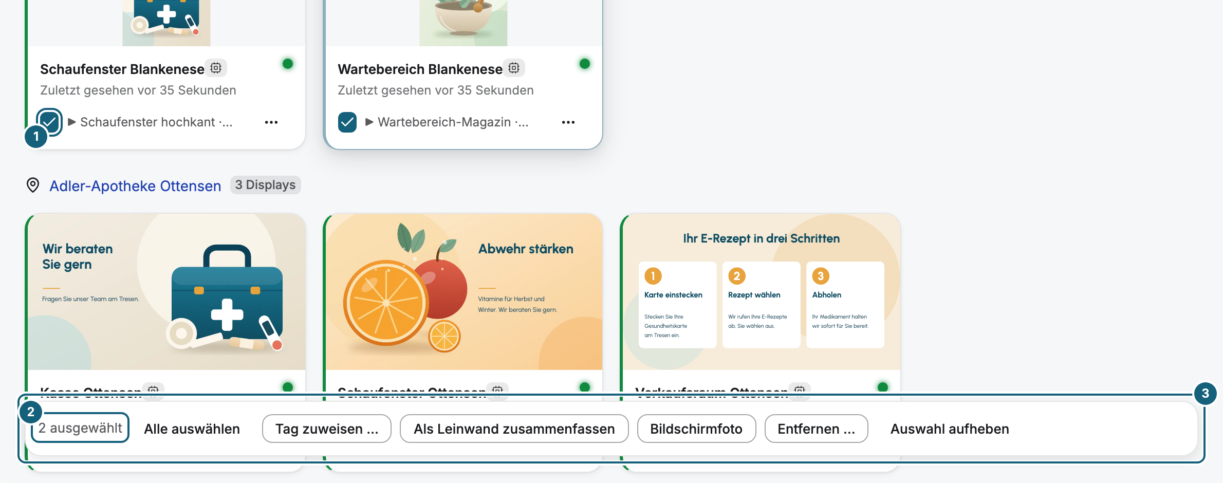 Die Flotte mit zwei markierten Kacheln: das Auswahlkästchen im Fuß einer Kachel (1), die Zählung 2 ausgewählt (2) und die schwebende Sammelleiste am unteren Rand mit den Schaltflächen Tag zuweisen, Als Leinwand zusammenfassen, Bildschirmfoto und Entfernen (3)