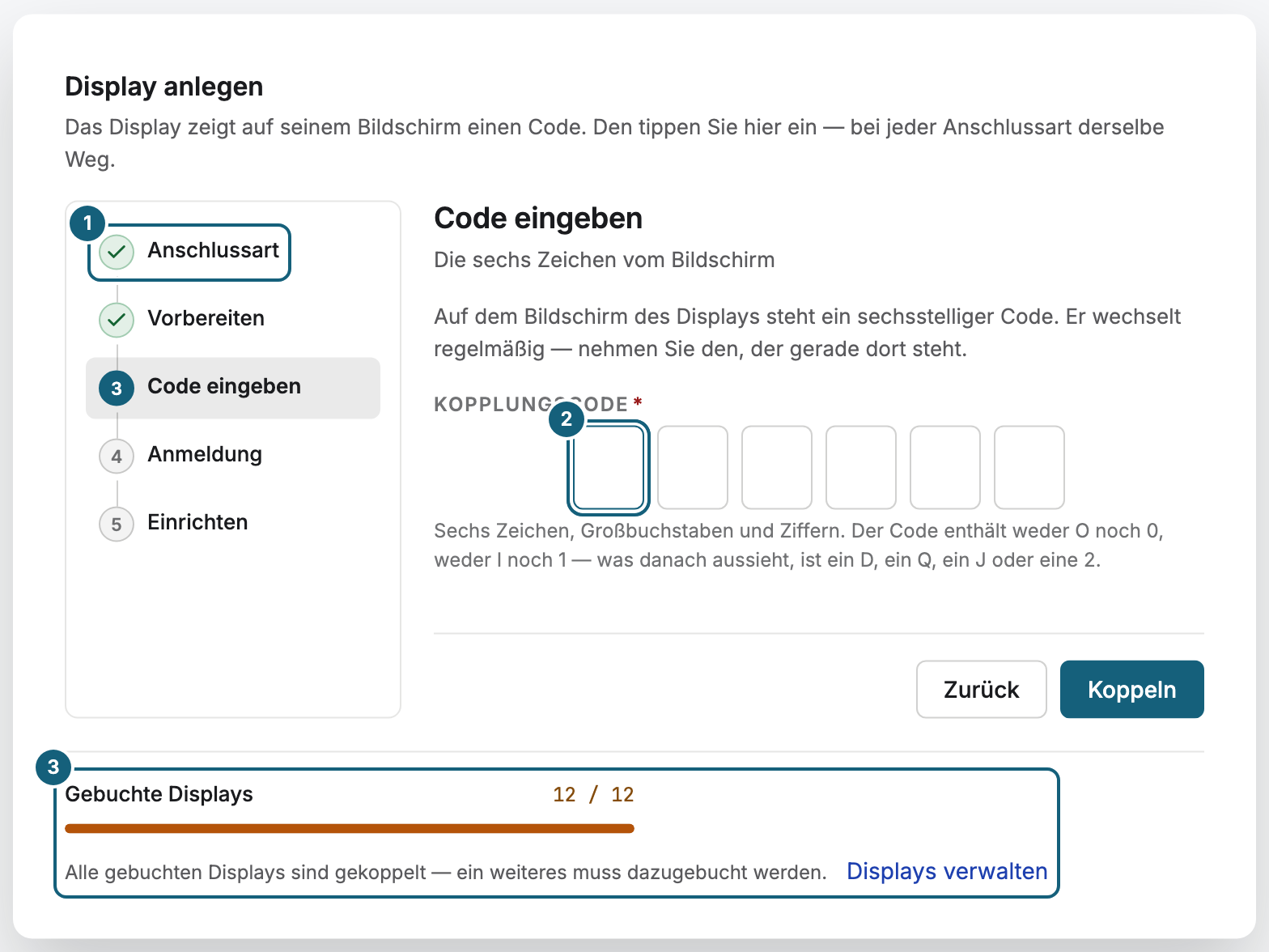Der Schritt „Code eingeben“: die Schrittleiste mit Anschlussart, Vorbereiten, Code eingeben, Anmeldung und Einrichten (1), die sechs Felder für den Kopplungscode (2) und die Zeile „Gebuchte Displays“ mit den freien Plätzen (3)