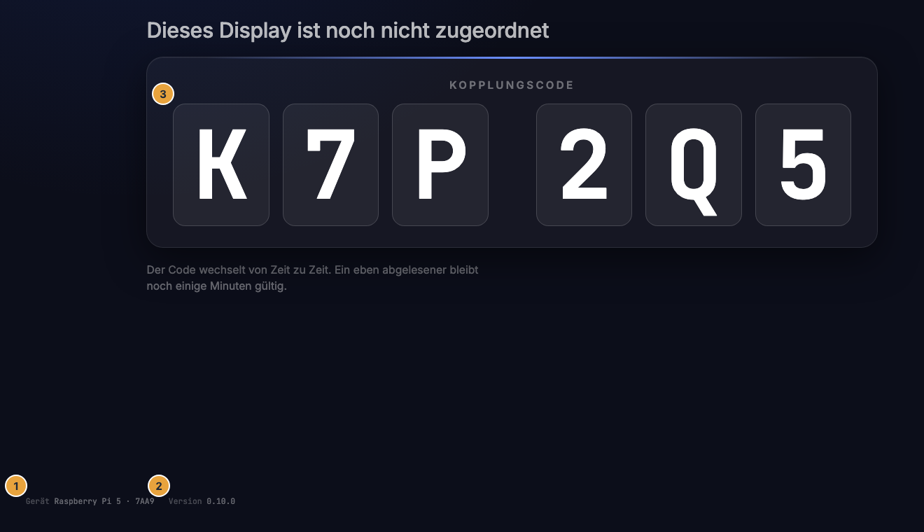 Der Kopplungs-Bildschirm eines Geräts mit der Fußzeile für den Support: Gerät mit der Geräte-Kennung (1), Version der Anzeige (2) und darüber der Kopplungscode (3)