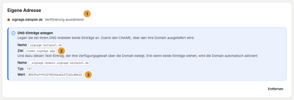 Der Bereich Eigene Adresse nach dem Anfordern: der Statuspunkt Verifizierung ausstehend mit der angeforderten Domain (1) und der Abschnitt DNS-Einträge anlegen mit dem CNAME aus Name und Ziel (2) sowie dem Text-Eintrag aus Name, Typ und Wert (3)