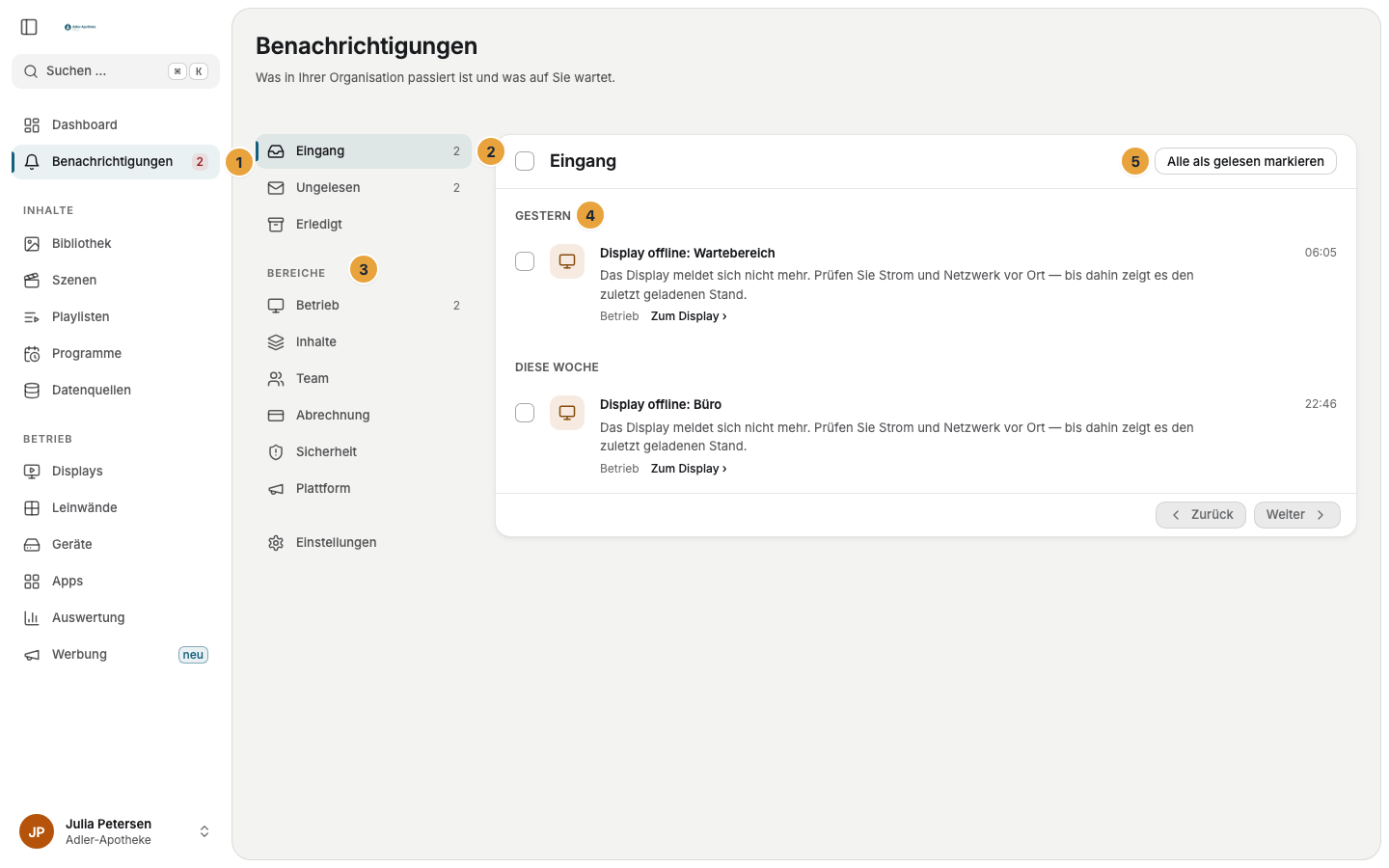 Die Seite Benachrichtigungen mit dem Eintrag Benachrichtigungen samt Ungelesen-Zähler in der Seitenleiste (1), den Ordnern Eingang, Ungelesen und Erledigt (2), der Liste Bereiche (3), dem Datumsband der ersten Tagesgruppe (4) und der Schaltfläche Alle als gelesen markieren (5)