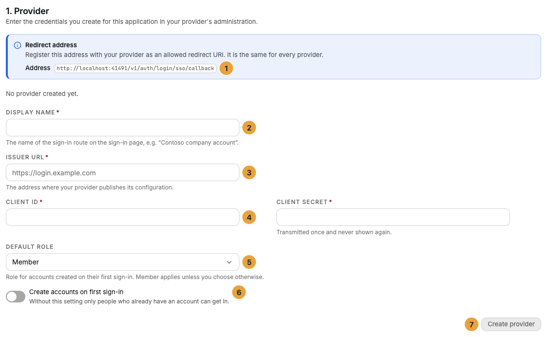The section 1. Provider of company sign-in with the redirect address to copy (1), the display name (2), the issuer URL (3), client ID and client secret (4), the default role (5), the switch Create accounts on first sign-in (6), and the Create provider button (7)