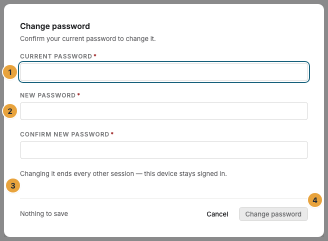 The dialog Change password with the field Current password (1), the field New password (2), the note about the ended sessions (3), and the Change password button (4)