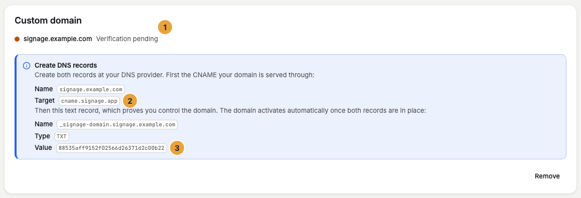The Custom address area after requesting: the status dot Verification pending with the requested domain (1) and the section Create DNS records with the CNAME made of name and target (2) and the text record made of name, type, and value (3)