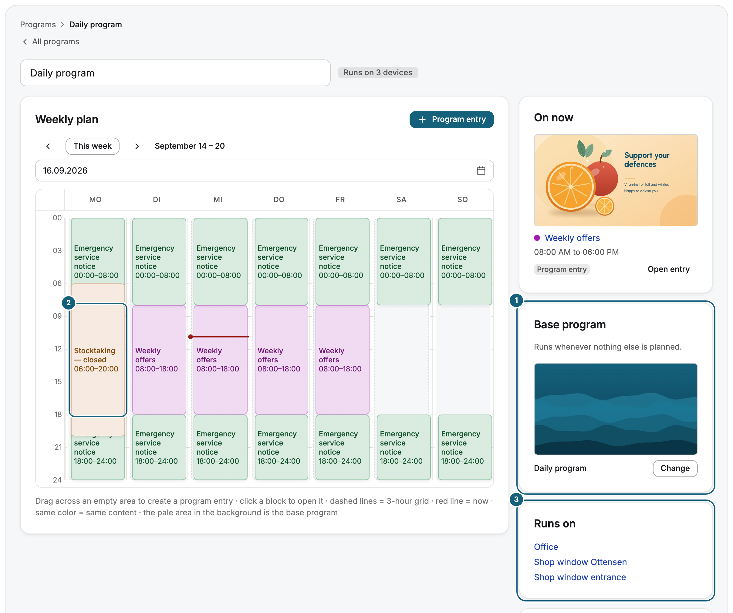 The program editor with the weekly plan on the left and the sidebar on the right: the Base program card with the sentence “Runs whenever nothing else is planned.” (1), a program entry as a colored block above the pale area of the base program (2), and the Runs on card with the display the program runs on (3)