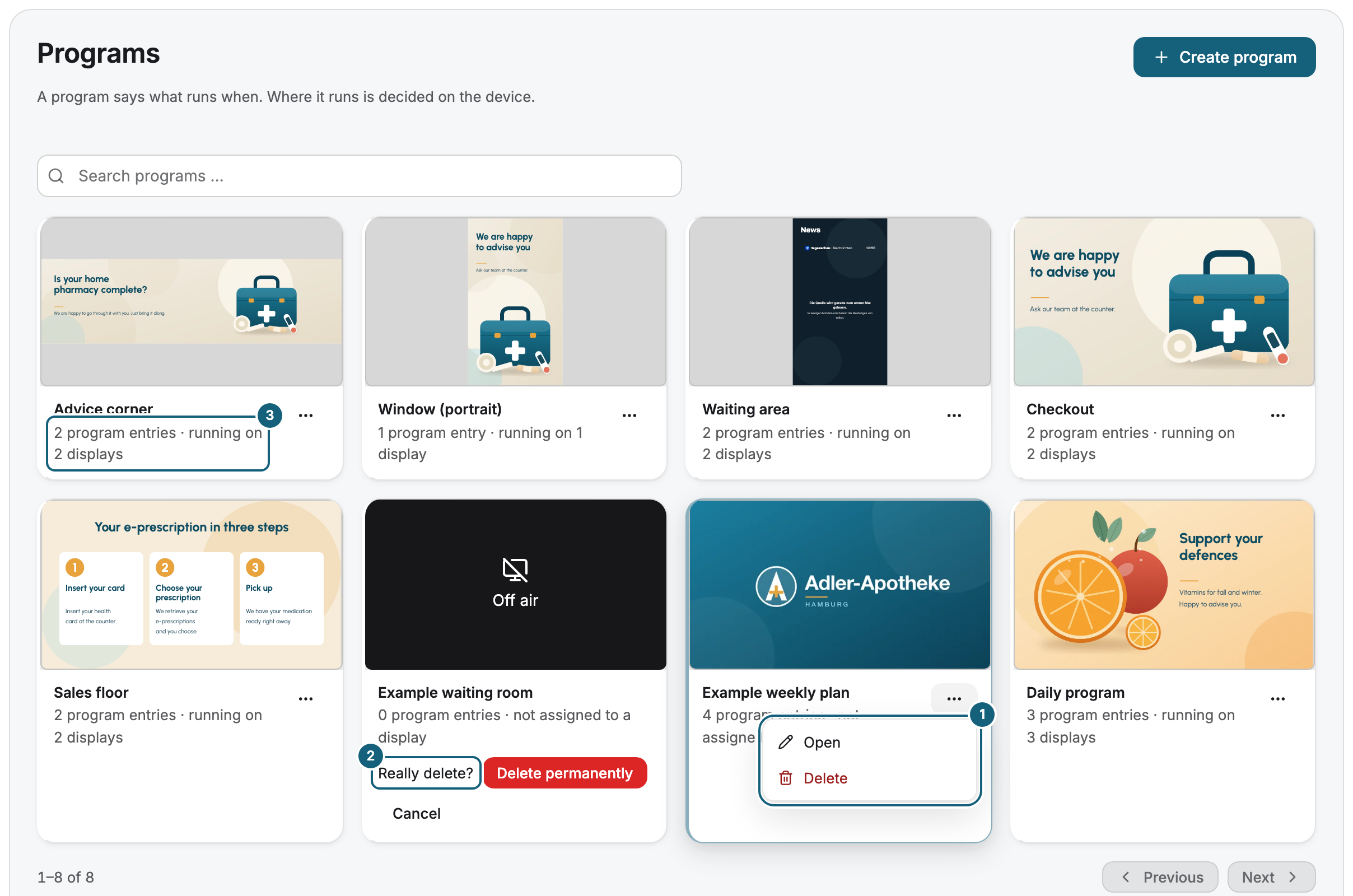 The program list with a card's open menu (⋯) offering Open and Delete (1), the prompt “Really delete?” with the Delete permanently button at the bottom of another card (2), and the two numbers on a card: program entries and displays on which the program runs (3)
